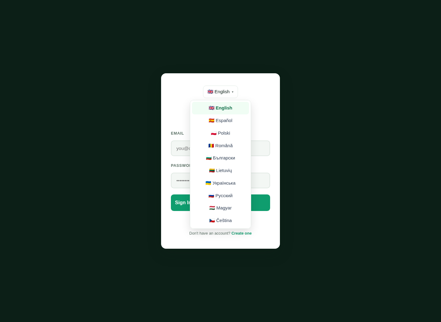 LingvaBill sign-in screen with the language list open