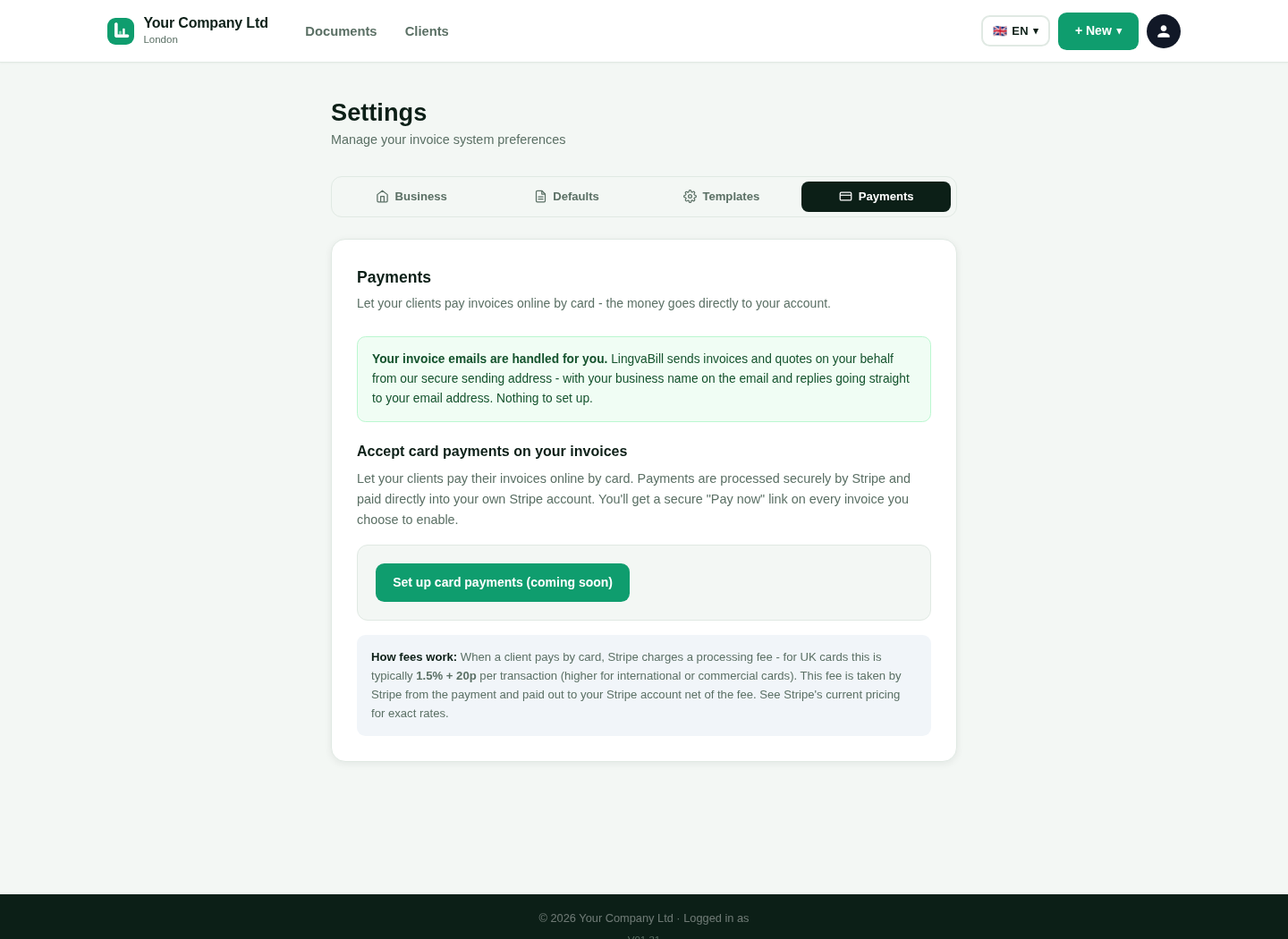LingvaBill card payment settings