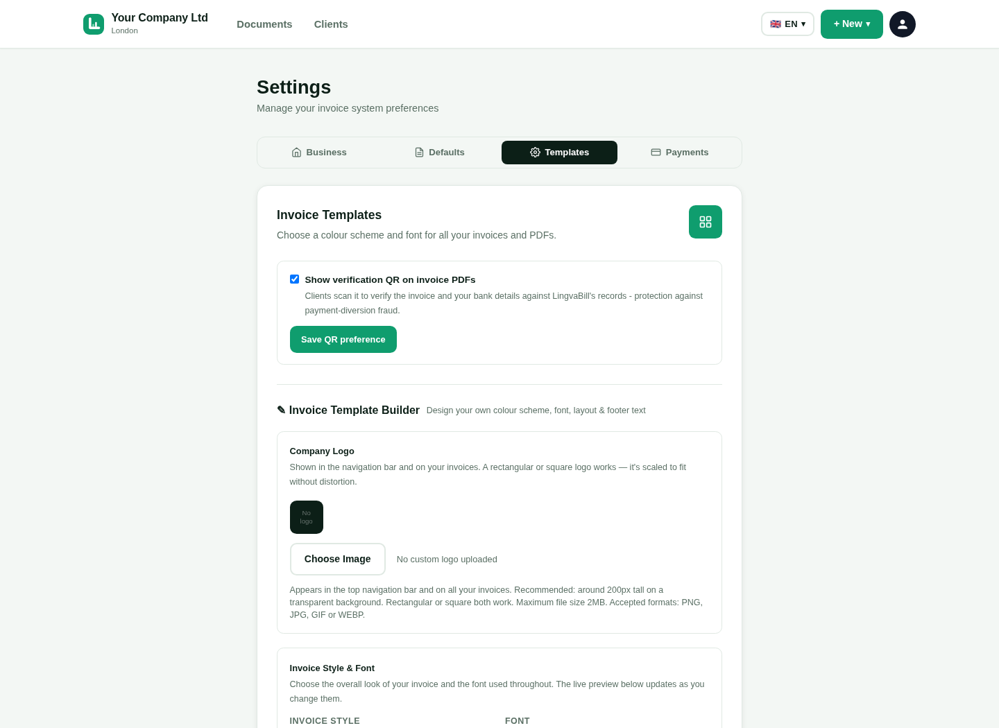 LingvaBill invoice template settings